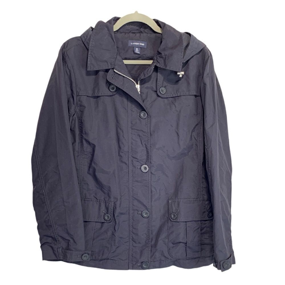 Lands End Navy Womens Hooded Raincoat